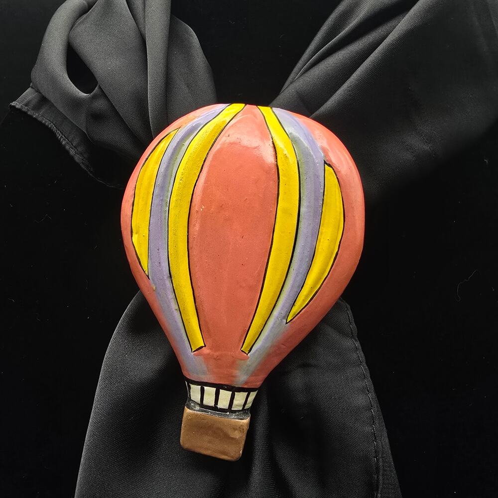Hot Air Balloon Scarf Charm Slide Clip Hand Painted Wood Vintage 1980s